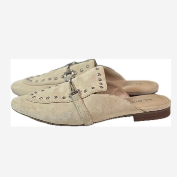 Aldo Leather Mules Shoes Slip Ons Women's Size 8 Beige 1/2" Heel Horse Bit Studs - Picture 1 of 4